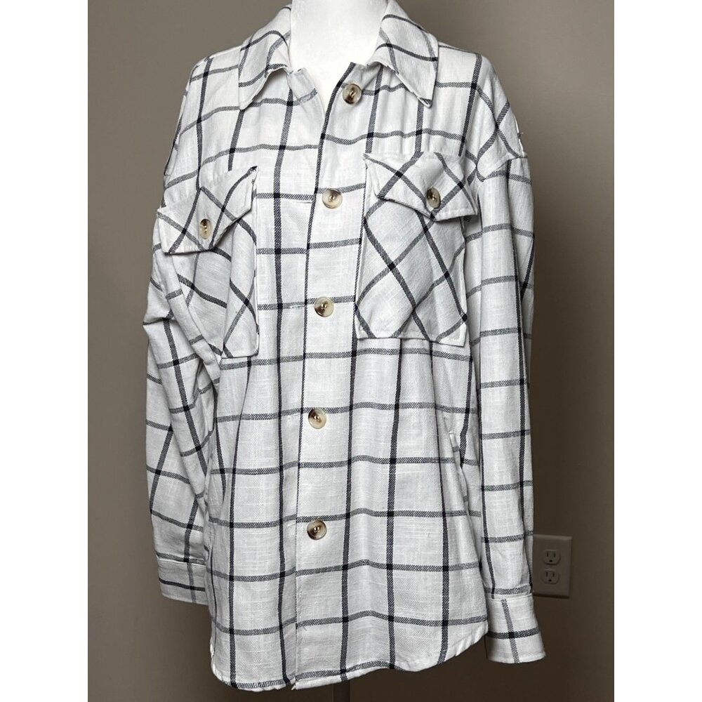 NEW Ashley Plaid Shacket Womens M Button Overshirt Cotton Blend White Black